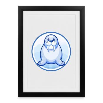 Walrus Blue Kawaii Cartoon Character Clipart Pet - Framed poster (27 × 37 cm) - black - Front