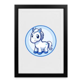 Cheval Bleu Kawaii Dessin Animé Personnage Clipart Animal de compagnie - Affiche encadrée (27 × 37 cm) - noir - Devant