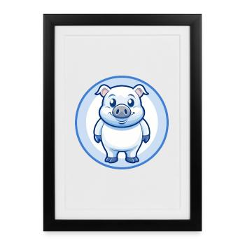 Cochon Bleu Mignon Kawaii Dessin animé Personnage Clipart Animal de compagnie - Affiche encadrée (27 × 37 cm) - noir - Devant