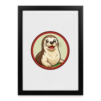 phoque coloré Kawaii dessin animé personnage Clipart Animal de compagnie - Affiche encadrée (27 × 37 cm) - noir - Devant