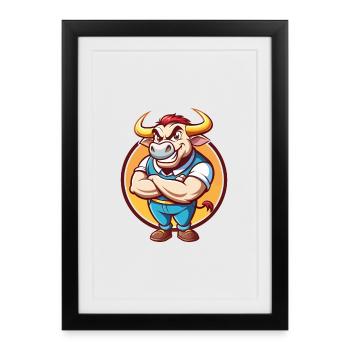 Taureau mignon drôle Kawaii dessin animé Clipart animal de compagnie - Affiche encadrée (27 × 37 cm) - noir - Devant