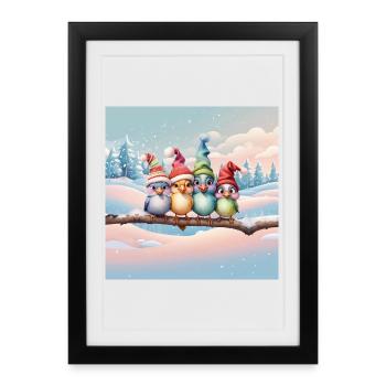 Cute fantasy birds with Christmas hats - Framed poster (27 × 37 cm) - black - Front