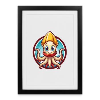 calmar mignon drôle kawaii dessin animé clipart animal de compagnie - Affiche encadrée (27 × 37 cm) - noir - Devant