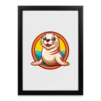 phoque mignon drôle kawaii dessin animé clipart animal de compagnie - Affiche encadrée (27 × 37 cm) - noir - Devant