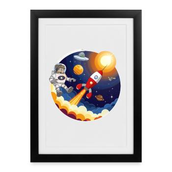 Rocket, astronaut, UFO and planets in space. - Framed poster (27 × 37 cm) - black - Front