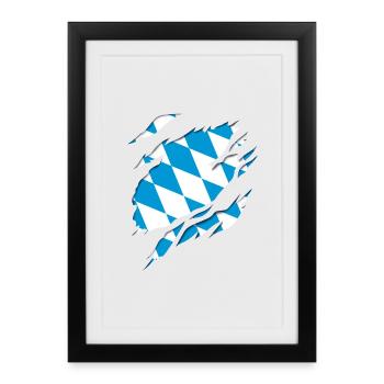 Drapeau et armoiries de la Bavière, effet de déchirure 3D. - Affiche encadrée (27 × 37 cm) - noir - Devant
