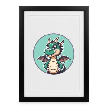 Dragon Kawaii Dessin animé Personnage Animal Animal Visage - Affiche encadrée (27 × 37 cm) - noir - Devant