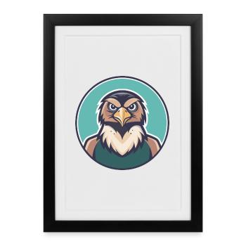 Hawk Kawaii Dessin animé Personnage Animal Animal Visage - Affiche encadrée (27 × 37 cm) - noir - Devant