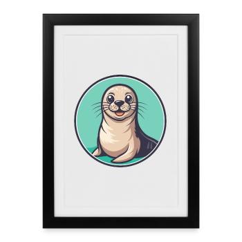 phoque kawaii dessin animé personnage animal visage d’animal de compagnie - Affiche encadrée (27 × 37 cm) - noir - Devant