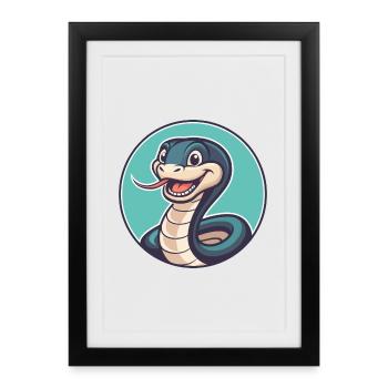 Serpent Kawaii Dessin animé Personnage Animal Animal Visage - Affiche encadrée (27 × 37 cm) - noir - Devant