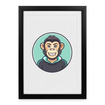 Singe Kawaii Dessin animé Personnage Animal Animal Visage - Affiche encadrée (27 × 37 cm) - noir - Devant
