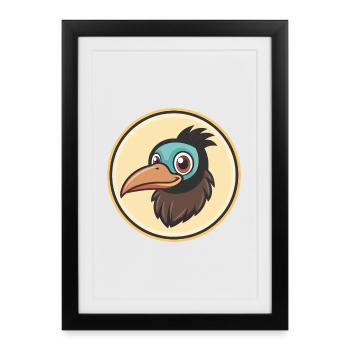 Crow Kawaii Dessin animé Personnage Animal Animal Visage - Affiche encadrée (27 × 37 cm) - noir - Devant