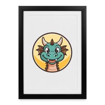 Dragon Kawaii Dessin animé Personnage Animal Animal Visage - Affiche encadrée (27 × 37 cm) - noir - Devant