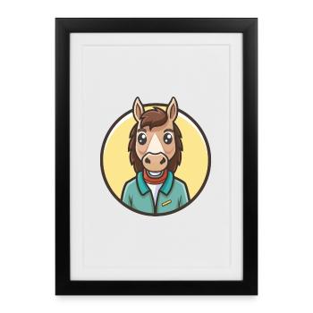 Cheval Kawaii Dessin animé Personnage Animal Animal Visage - Affiche encadrée (27 × 37 cm) - noir - Devant