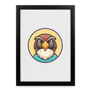 Faucon Kawaii Dessin animé Personnage Animal Animal Visage - Affiche encadrée (27 × 37 cm) - noir - Devant