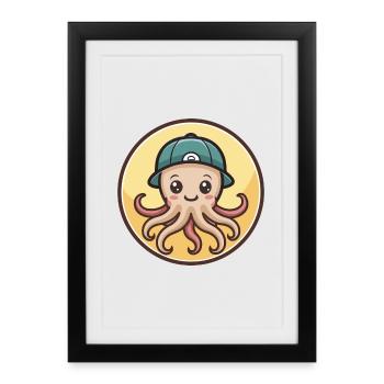 Octopus Kawaii Cartoon Character Animal Pet Face - Framed poster (27 × 37 cm) - black - Front
