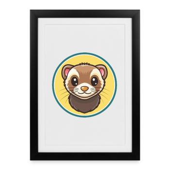 Furet Kawaii Dessin Animé Personnage Animal Animal Visage - Affiche encadrée (27 × 37 cm) - noir - Devant