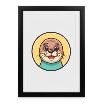 phoque kawaii dessin animé personnage animal visage d’animal de compagnie - Affiche encadrée (27 × 37 cm) - noir - Devant