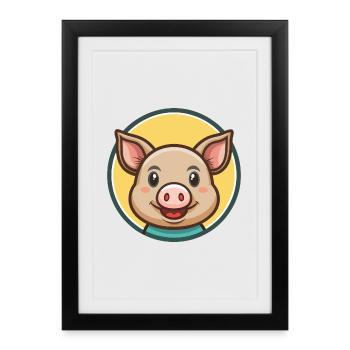 Cochon Kawaii Dessin animé Personnage Animal Animal Visage - Affiche encadrée (27 × 37 cm) - noir - Devant