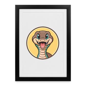 Serpent Kawaii Dessin animé Personnage Animal Animal Visage - Affiche encadrée (27 × 37 cm) - noir - Devant