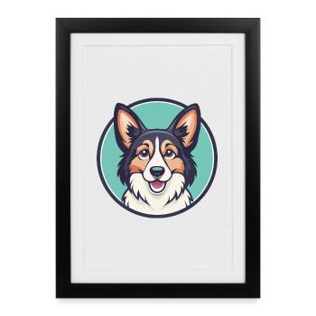 Chien de berger gallois Chien Race Dessin animé Kawaii Clipart - Affiche encadrée (27 × 37 cm) - noir - Devant