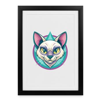Chat thaïlandais race dessin animé Kawaii Animal Pet - Affiche encadrée (27 × 37 cm) - noir - Devant