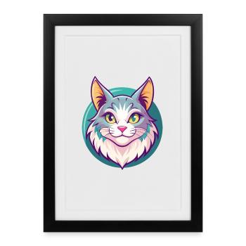 Américain Bobtail Chat Race Dessin Animé Kawaii Animal - Affiche encadrée (27 × 37 cm) - noir - Devant
