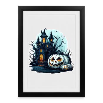 Maison hantée avec des citrouilles lumineuses - Affiche encadrée (27 × 37 cm) - noir - Devant
