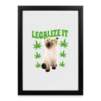Chat défoncé défoncé fumer de l’herbe, feuille de chanvre, hippie - Affiche encadrée (27 × 37 cm) - noir - Devant