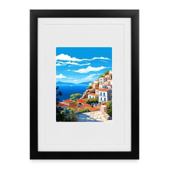 Hydra Grèce Affiche de voyage Souvenir Carte Postale Peinture - Affiche encadrée (27 × 37 cm) - noir - Devant