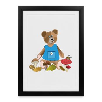 Ours au tablier bleu, parade de champignons - Affiche encadrée (27 × 37 cm) - noir - Devant