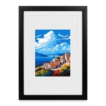 Hydra Grèce Affiche de voyage Souvenir Carte Postale Peinture - Affiche encadrée (27 × 37 cm) - noir - Devant