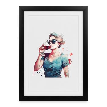 Woman drinking red wine - Framed poster (27 × 37 cm) - black - Front