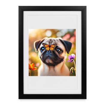 Smart dog with butterfly - Framed poster (27 × 37 cm) - black - Front