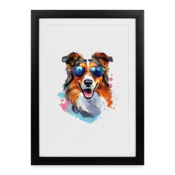 Collie avec lunettes de soleil - Affiche encadrée (27 × 37 cm) - noir - Devant