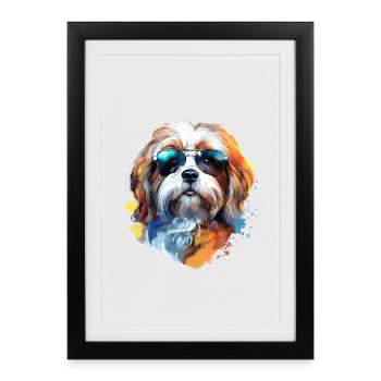 Lhassa Apso avec lunettes de soleil - Affiche encadrée (27 × 37 cm) - noir - Devant