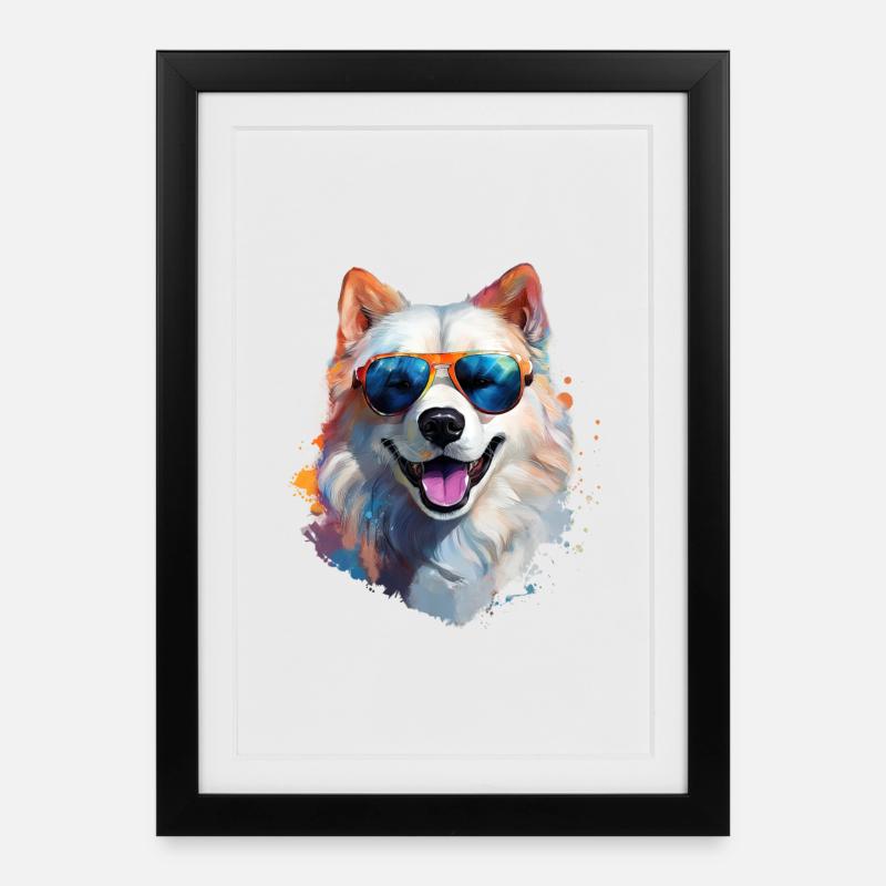 Samoyède avec lunettes de soleil - Affiche encadrée (27 × 37 cm) - noir