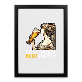Femme buvant de la bière cadeau heureux - Affiche encadrée (27 × 37 cm) - noir - Devant