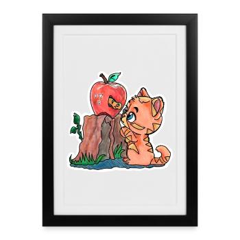 Little kitten and the worm in the apple - Framed poster (27 × 37 cm) - black - Front