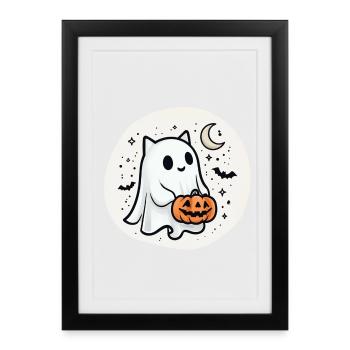 Katze Gespenst Halloween - Funny Spooky Cat - Gerahmtes Poster (27 × 37 cm) - Schwarz - Vorne