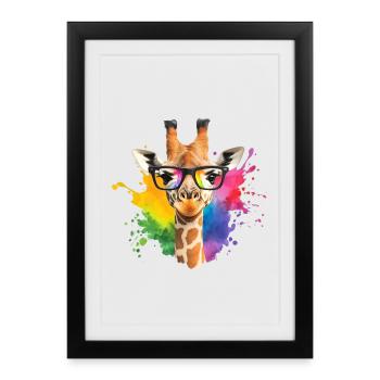 Girafe colorée avec des lunettes et des éclaboussures arc-en-ciel - Affiche encadrée (27 × 37 cm) - noir - Devant