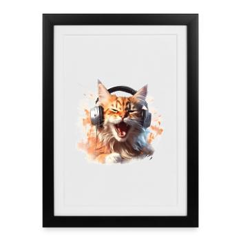 Chat DJ hurlant avec casque Musique Animal de compagnie - Affiche encadrée (27 × 37 cm) - noir - Devant