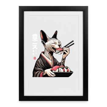 Un chat Sphynx heureux en kimono sushi - Affiche encadrée (27 × 37 cm) - noir - Devant