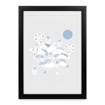 Singes frissonnants dans une source chaude l blanc bleu marine - Affiche encadrée (27 × 37 cm) - noir - Devant