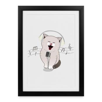 Chat mignon chantant avec des écouteurs et un microphone - Affiche encadrée (27 × 37 cm) - noir - Devant