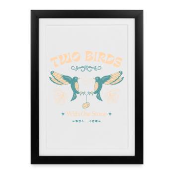 D’une pierre deux coups – Motif oiseau vintage - Affiche encadrée (27 × 37 cm) - noir - Devant