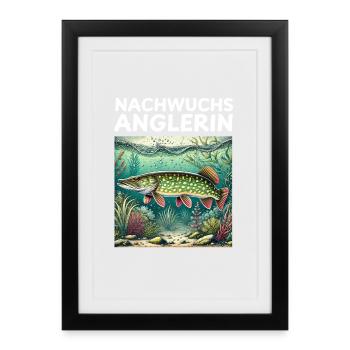 Nachwuchs Anglerin - Hecht Motiv - Gerahmtes Poster (27 × 37 cm) - Schwarz - Vorne