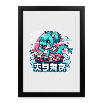 Cadeau Dragon Maki Sushi Kawaii - Affiche encadrée (27 × 37 cm) - noir - Devant