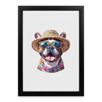Bouledogue avec chapeau de paille et lunettes de soleil - Affiche encadrée (27 × 37 cm) - noir - Devant