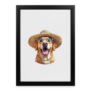 Labrador avec chapeau de paille et lunettes de soleil - Affiche encadrée (27 × 37 cm) - noir - Devant